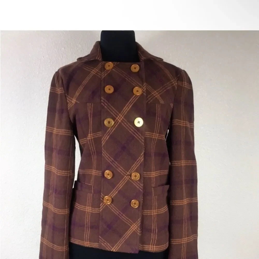 Volcom Plaid Purple and Brown Pea Coat Size SP